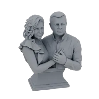 Rendu 3D d'un buste gris représentant un couple s'enlaçant, leurs mains jointes, monté sur une base décorative.