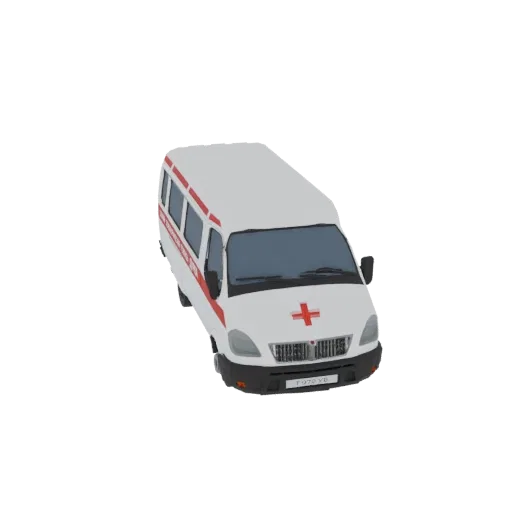 3D model of a white ambulance van with red stripes and a red cross emblem, viewed from a slightly elevated front-right angle.