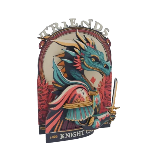 Modelo 3D de caballero dragón con armadura ornamentada, inspirado en arte de cartas de tarot, con cabeza de dragón y espada.