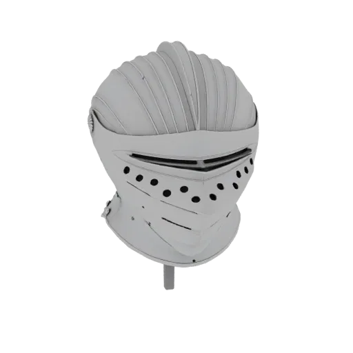 Modello 3D di un elmo da cavaliere gotico grigio con parte superiore scanalata e visiera