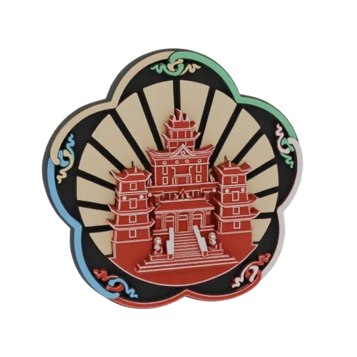 Modello 3D di un emblema di edificio pagoda rosso con sfondo a raggi solari e motivi floreali decorativi blu e verdi sui bord