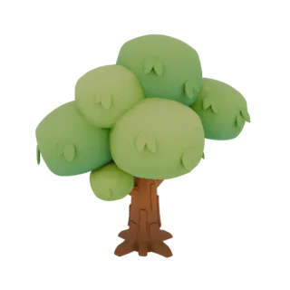 A 3D model of a stylized cartoon tree with rounded green foliage and a textured brown trunk, set against a white background.