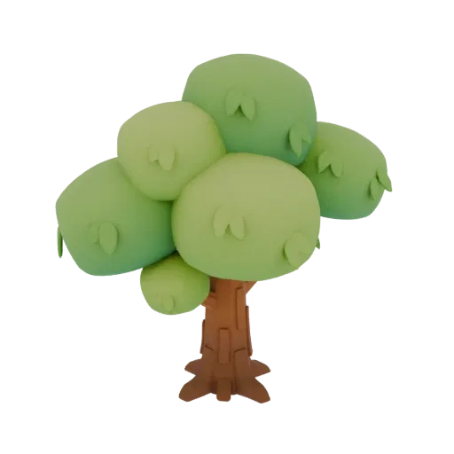 A 3D model of a stylized cartoon tree with rounded green foliage and a textured brown trunk, set against a white background.