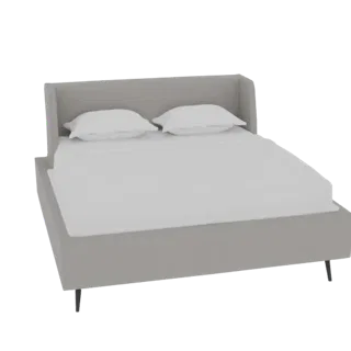 3D model of a modern grey upholstered bed with a tall, winged headboard and white bedding, set against a white background.