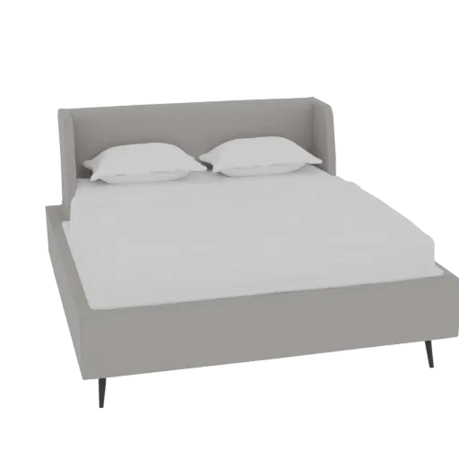 3D model of a modern grey upholstered bed with a tall, winged headboard and white bedding, set against a white background.