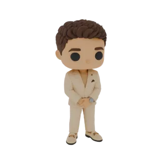 3D model of a stylized man in a beige suit, resembling a Funko Pop figure, with hands clasped.