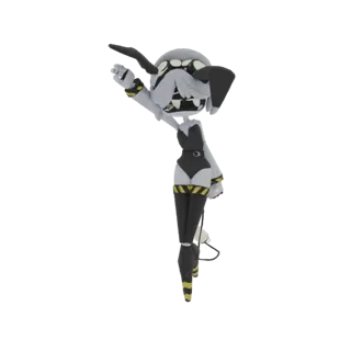3D model of a cybernetic doll with a grey robotic head, black bodysuit, and yellow hazard stripes on its legs and boots, pose