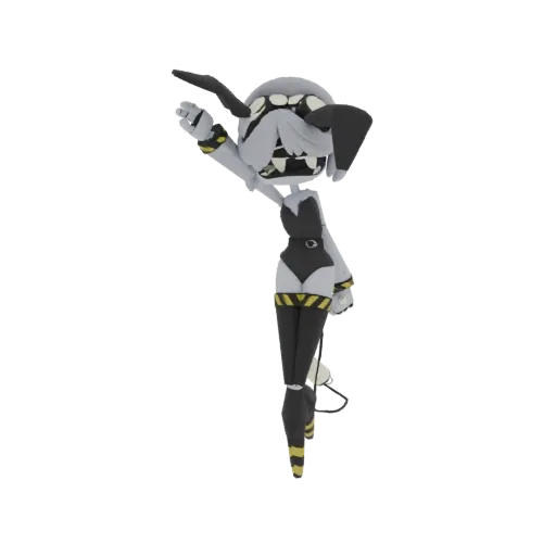 3D model of a cybernetic doll with a grey robotic head, black bodysuit, and yellow hazard stripes on its legs and boots, pose