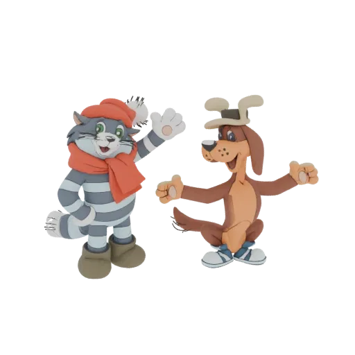 A 3D model of a claymation cat wearing an orange scarf and hat, waving next to a claymation dog wearing a hat.