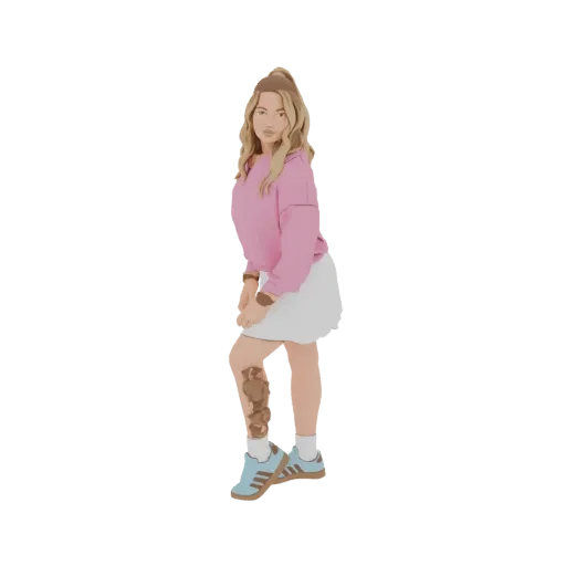 3D model of a young woman with blonde hair, wearing a pink hoodie and white skirt, posing with a tattoo on her leg.