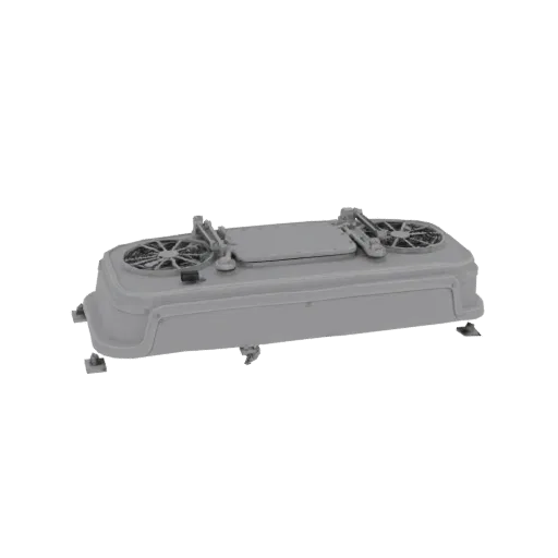 3D model of a grey industrial ventilation unit with two fans and a central hatch, shown from a slight angle.