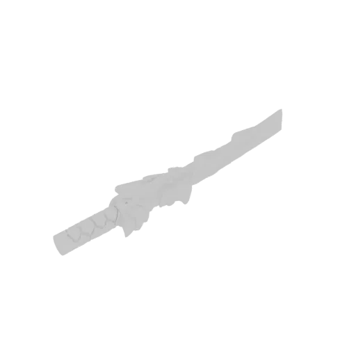 3D model render of a fantasy dragon sword with a scale-textured blade and a draconic hilt, set against a black background.