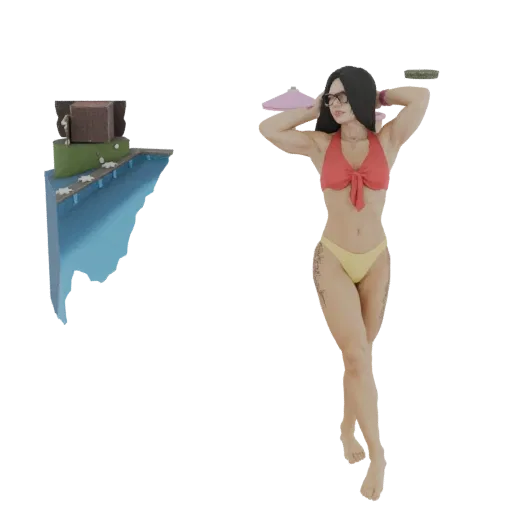 3D model of a woman in a bikini posing next to a miniature floating island with a small building and pool.