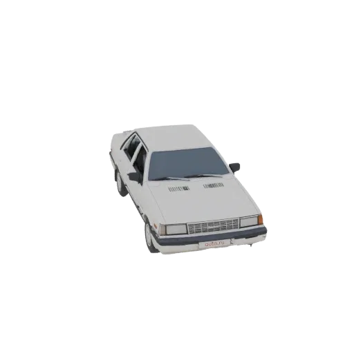 Un modelo 3D de un sedán blanco de los 80 visto desde un ángulo ligeramente elevado, mostrando su diseño clásico.