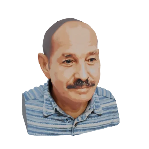 3D model render of a man with a mustache wearing a blue and white striped shirt, looking slightly to the side.