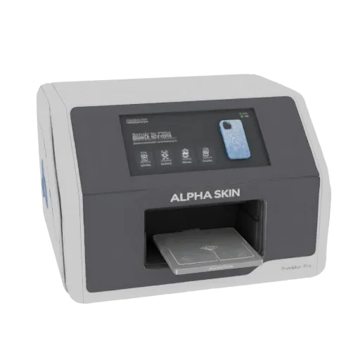 3D model of the Alpha Skin PrintBlock Pro, a compact printing machine with a touchscreen and retractable tray.
