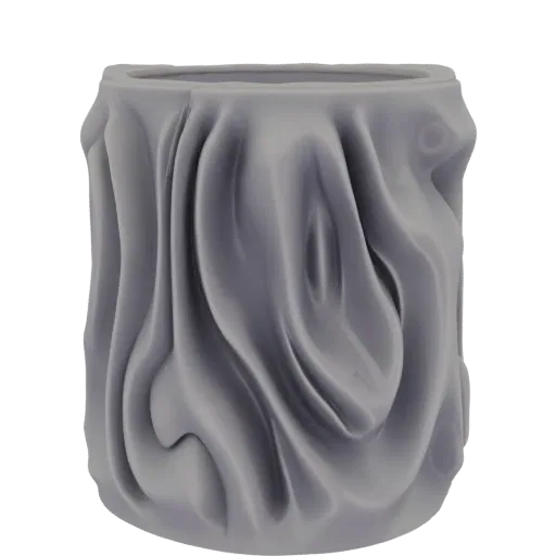A 3D model of a cylinder vase with a realistic draped fabric texture, rendered in a matte gray material.