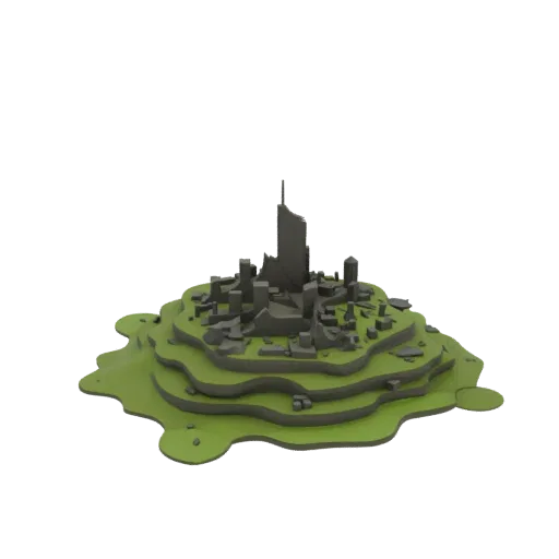 Modelo 3D Imprimível de Bioma de Cidade em Ruínas com Vegetação, renderização STL isométrica de mesa, mostrando camadas de te