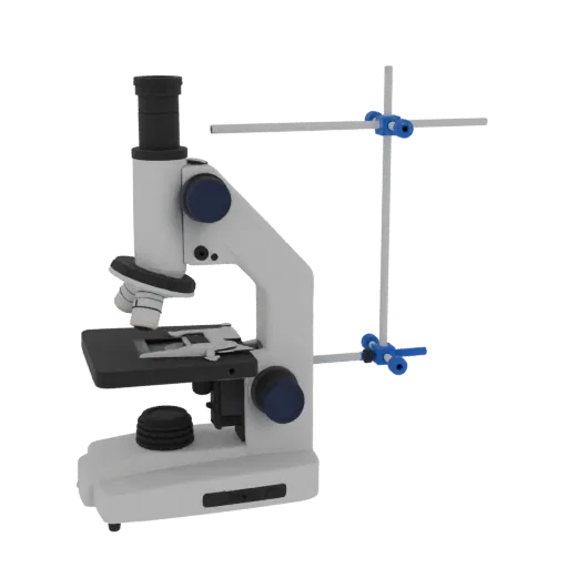 Biology Microscope Realistic 3D model, three-quarter studio render, showing glass, recognizable lab forms.