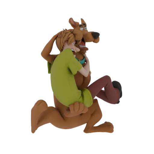 Modello 3D di Shaggy e Scooby-Doo in fuga spaventata, con Shaggy aggrappato a Scooby, renderizzato con texture simile all'arg
