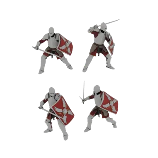 Cuatro modelos 3D de caballeros medievales en poses dinámicas de combate, cada uno sosteniendo una espada y un escudo, sobre