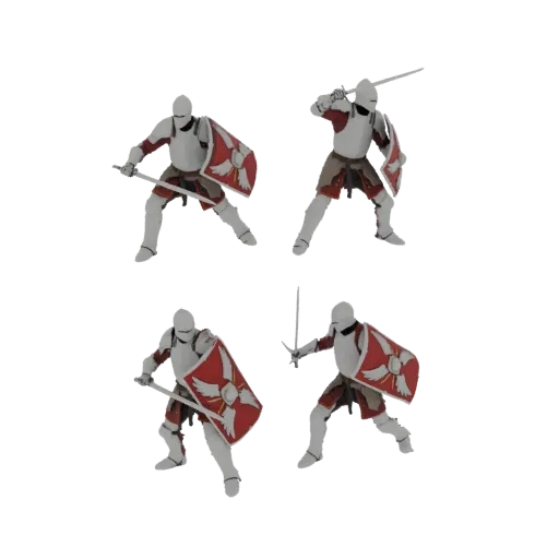 Quattro modelli 3D di cavalieri medievali in pose dinamiche di combattimento, ognuno con spada e scudo, su sfondo bianco.