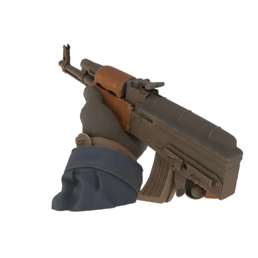 3D model of an AK-47 assault rifle with wood furniture, held in a hand.