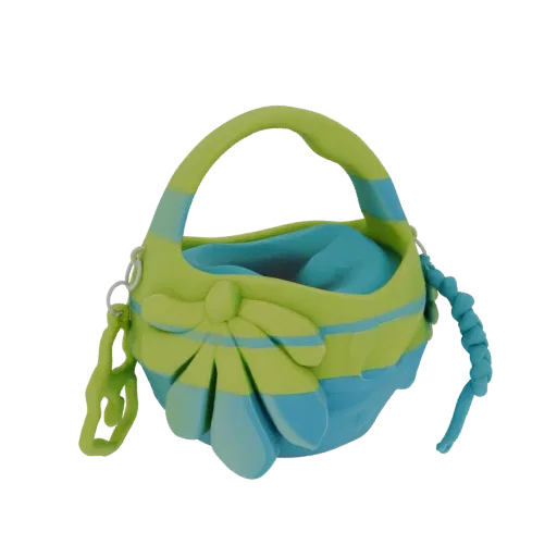 Una render 3D di un cesto bizzarro con righe verde lime e blu, una grande decorazione floreale e un dettaglio di manico intre