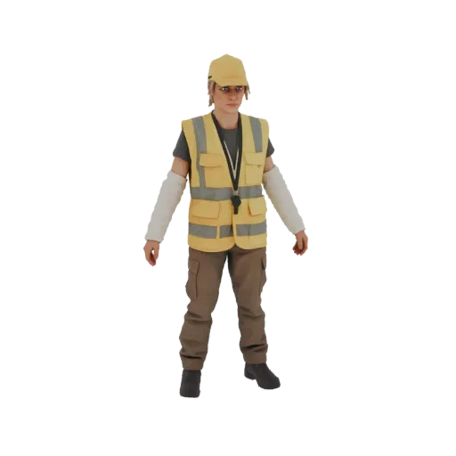 3D model of a construction worker wearing a yellow high-visibility vest, brown cargo pants, and a yellow cap.