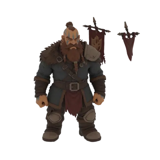 3D model of a stout Dwarven Warrior with a long beard, wearing fur-lined armor and holding two tattered battle banners.