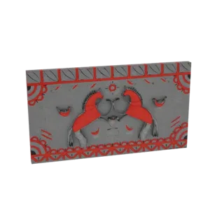 3D-Render eines grauen Reliefs mit zwei roten Pferden und roten Volkskunstmustern, aus leichtem Winkel betrachtet.