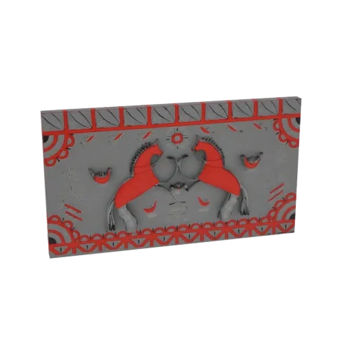 3D-Render eines grauen Reliefs mit zwei roten Pferden und roten Volkskunstmustern, aus leichtem Winkel betrachtet.