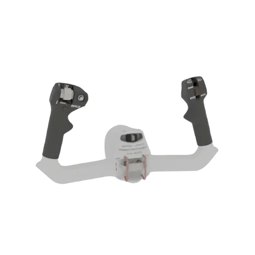 Modelo 3D de uma coluna de comando de aeronave branca com manoplas cinza escuras e detalhes na consola central.
