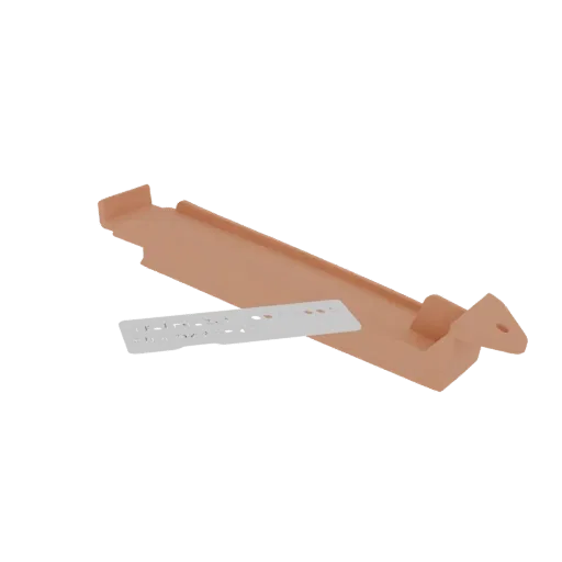 3D model of a copper-colored gutter bracket with a white fastener strip positioned in front of it.