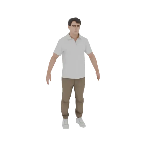 Modello 3D di un giovane uomo con polo bianca e pantaloni khaki, in piedi con le braccia lungo i fianchi.