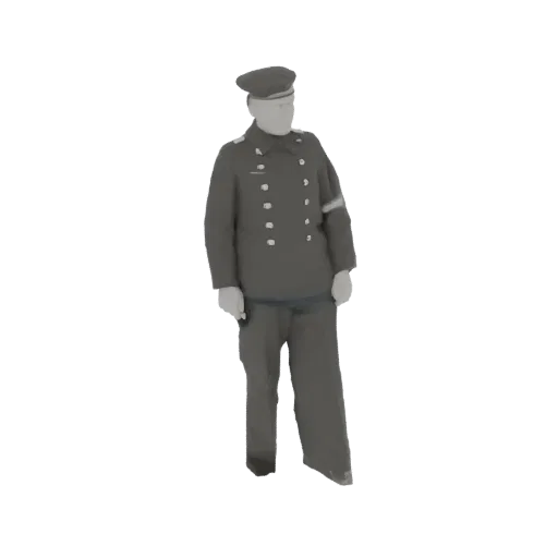 3D model render of a German firefighter in uniform, standing and facing forward.