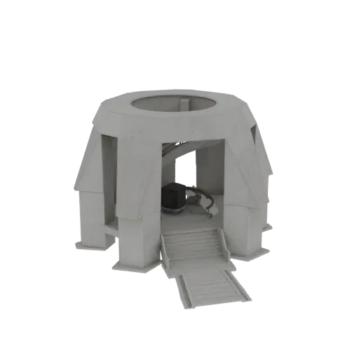 3D render of a futuristic sci-fi building with a central core, angular panels, and a prominent staircase leading to the entra