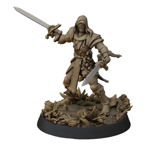 3D model of a hooded warrior miniature with two blades, standing on a grassy base, ready for battle.