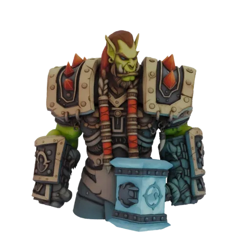 Render del modello 3D di un busto di Guerriero Orco con pelle verde, armatura dettagliata, capelli intrecciati e martello blu