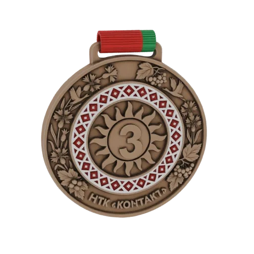 3D model of a bronze medal with a sun, floral motifs, geometric patterns, and a red and green ribbon.
