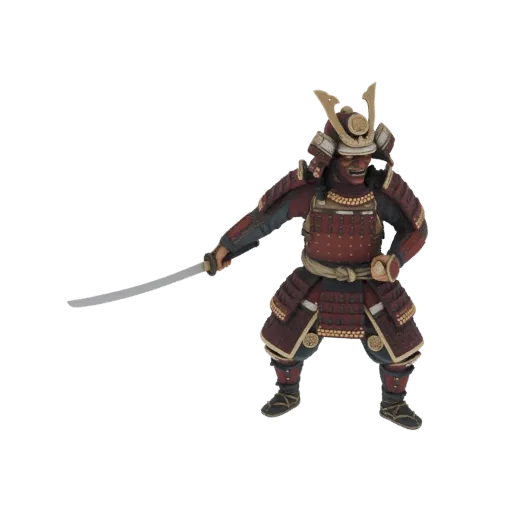 3D model of a Samurai warrior in red armor, holding a katana in a combat stance, against a black background.