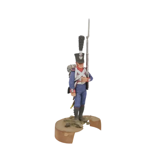 3D-Modell eines Soldaten der Napoleonischen Ära in blauer Uniform, der ein Musketen mit Bajonett hält und auf einer Diorama-B