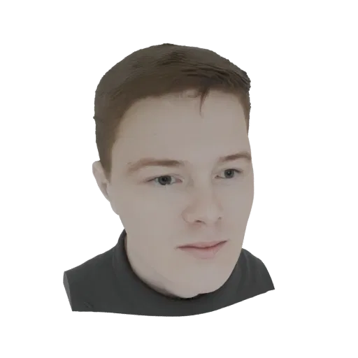 3D model render of a young man's head and shoulders, facing slightly to the right, with brown hair and a dark shirt.