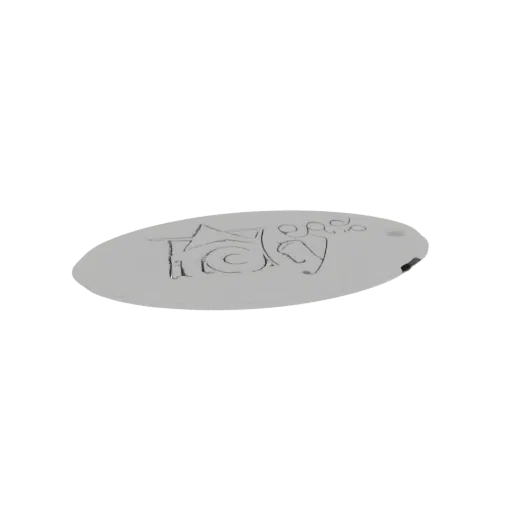 Render 3D di un portachiavi ovale grigio chiaro con testo 'Katy' e impronta di zampa incisi sulla superficie, con un foro per