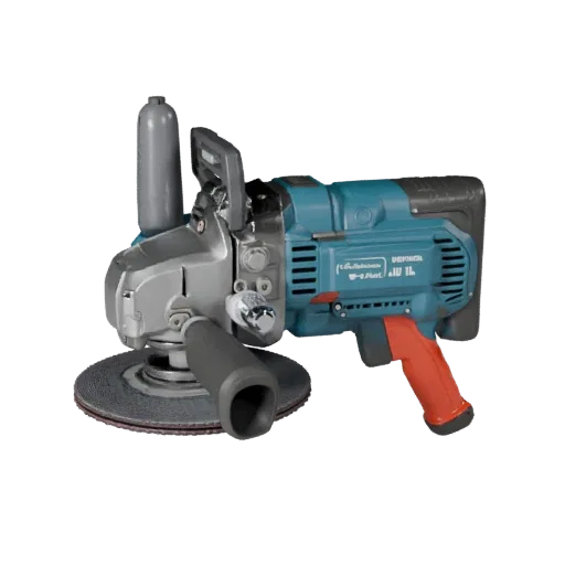 Contractor Angle Grinder High Poly 3D model, close-up studio render, showing molded plastic, ergonomic handles.