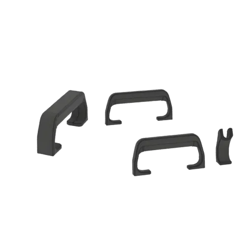 A set of four dark gray modern handles, including one large curved handle, two medium U-shaped handles, and one small notched