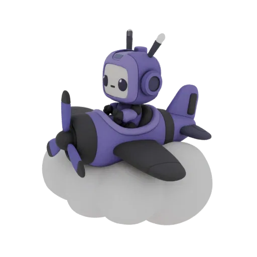 A 3D render of a cute purple robot with a screen face, piloting a purple and black biplane that is floating on a white cloud