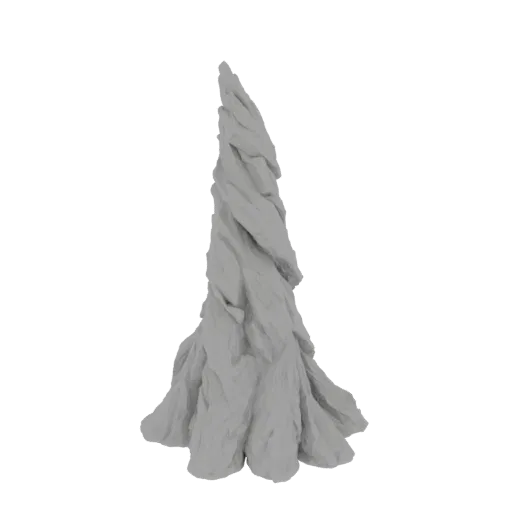 Un modelo 3D de una punta de roca alta y dentada con bordes afilados y angulosos y una textura rugosa y erosionada.