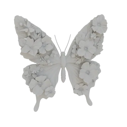 A white 3D model of a butterfly with its wings covered in sculpted flowers and leaves.