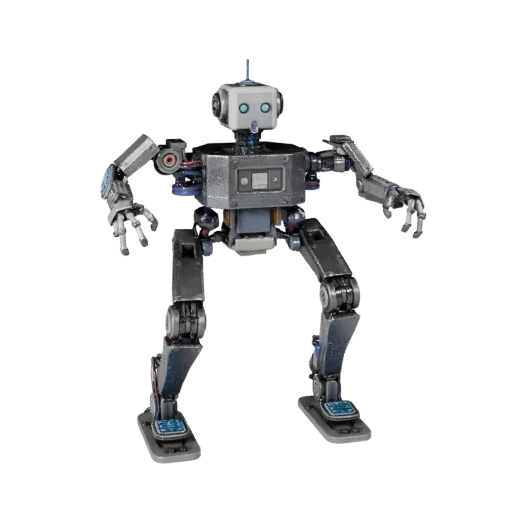 Humanoid Service Robot 3D model, three-quarter front view, Unity viewport, showing metal frames, robot form.